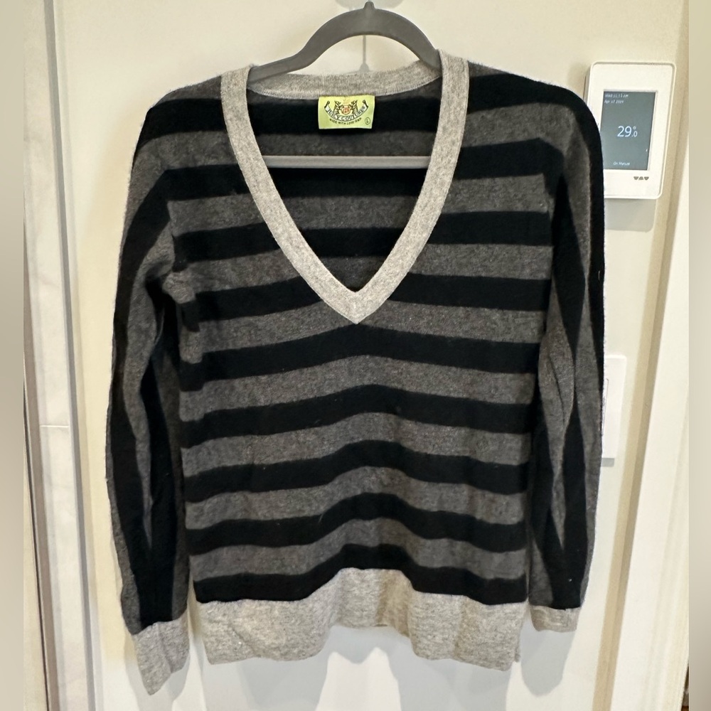 Juicy Couture Black and Gray Striped V-Neck Sweater